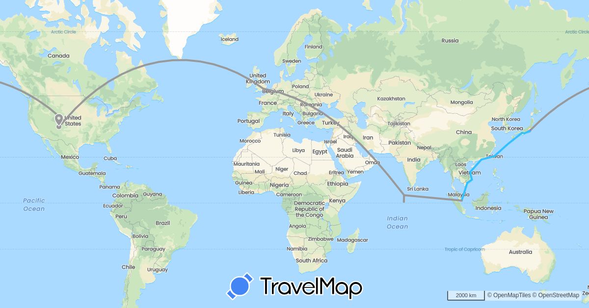 TravelMap itinerary: driving, plane, train, boat in Austria, China, United Kingdom, Japan, Maldives, Singapore, Taiwan, United States, Vietnam (Asia, Europe, North America)